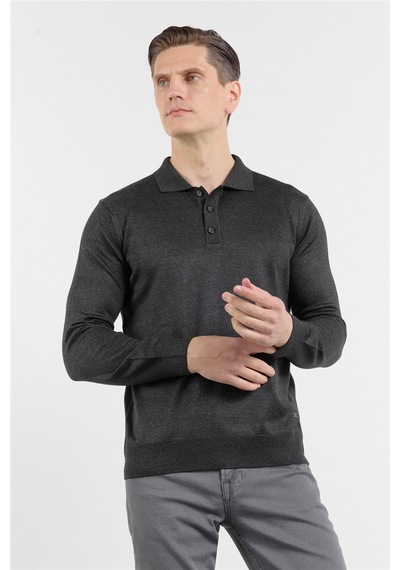 İmza Antrasit Polo Yaka Cepsiz Comfort Fit Classic Pamuklu Triko Kazak 1012255155