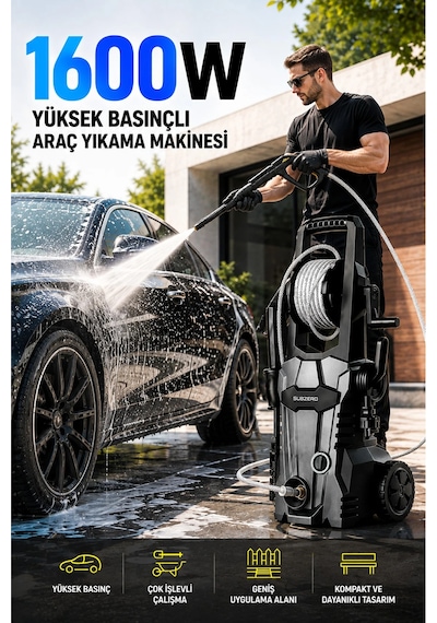 Exenar - Siyah - Cw55 Ev Tipi Araç Yıkama Makinesi Kablolu Evde Oto Yıkama Cihazı 1600w 75 Bar Basınçlı Su