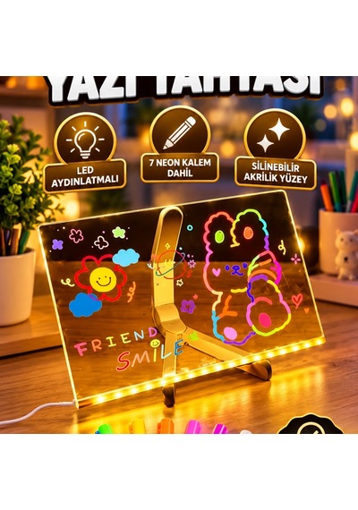 Led Aydınlatmalı Şeffaf Akrilik Mesaj Tahtası 30x20 Cm 7 Neon Kalemli Yazı Panosu