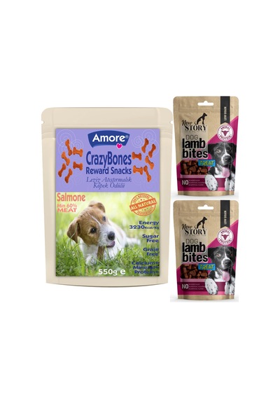 Amore Crazybones Somonlu Atıştırmalık Köpek Ödülü 550 G + Lamb Bites Köpek Ödülü 2'li