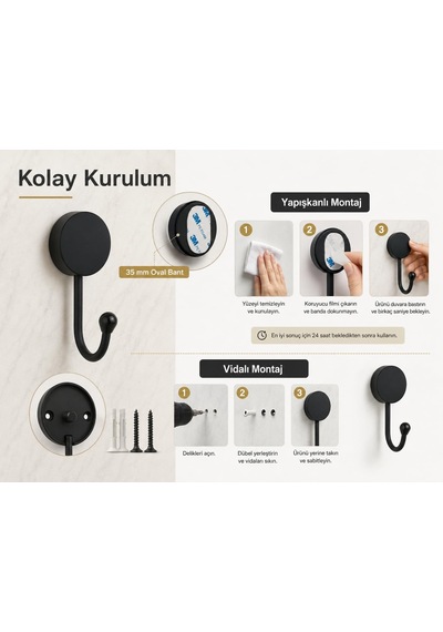 Alper Banyo Lotus Siyah Tekli Askılık, Yapışkanlı Ve Vidalı Monta