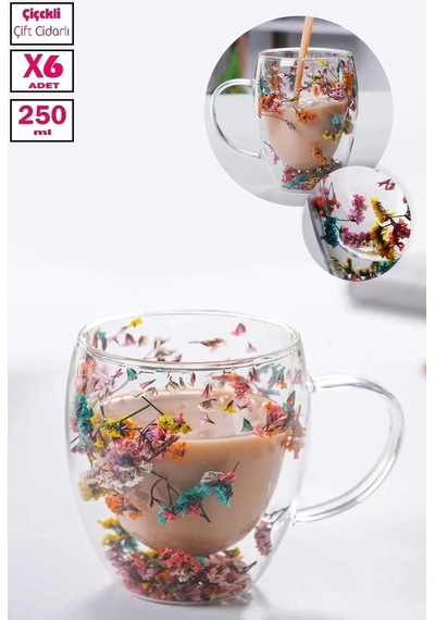 6'lı Çift Cidarlı Çiçekli Bardak Kahve Çay 250ml Bardağı El Yapımı Kulplu Borosilikat Cam Bardağı