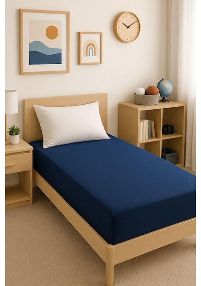140 X 200 Cm Düz Pamuklu Tek Kişilik Lastikli Fitted Penye Çarşaf Lacivert