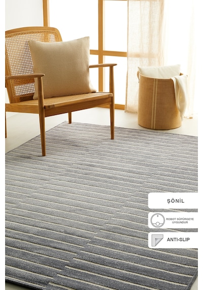 Ocean Home Textile Gri Renk Çizgi Desenli Şönil Halı Kilim 120 X 180 Cm