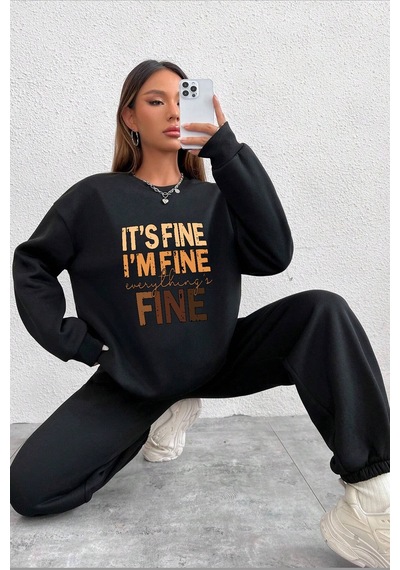 Uyguntarz Unisex Fine Baskılı Bisiklet Yaka Eşofman Takımı Siyah