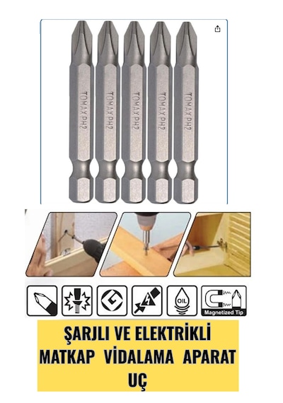 5 Adet - Ph2 Boy 50 Mm Bits Uç- Şarjlı Elektrikli Matkap Vidalama Aparatı