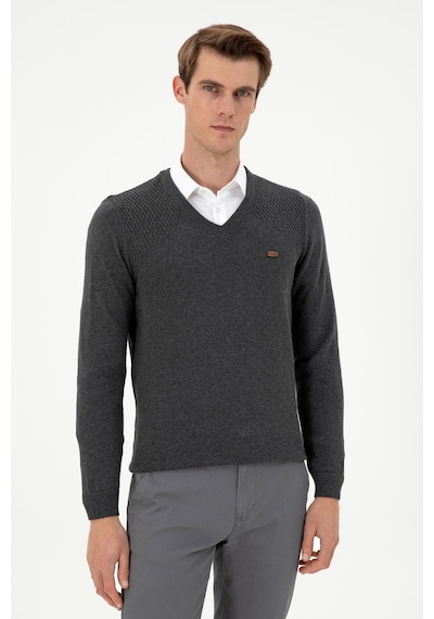 U.S. Polo Assn. Erkek Slim Fit V Yaka Antrasit Melanj Kazak 50297063-VR081