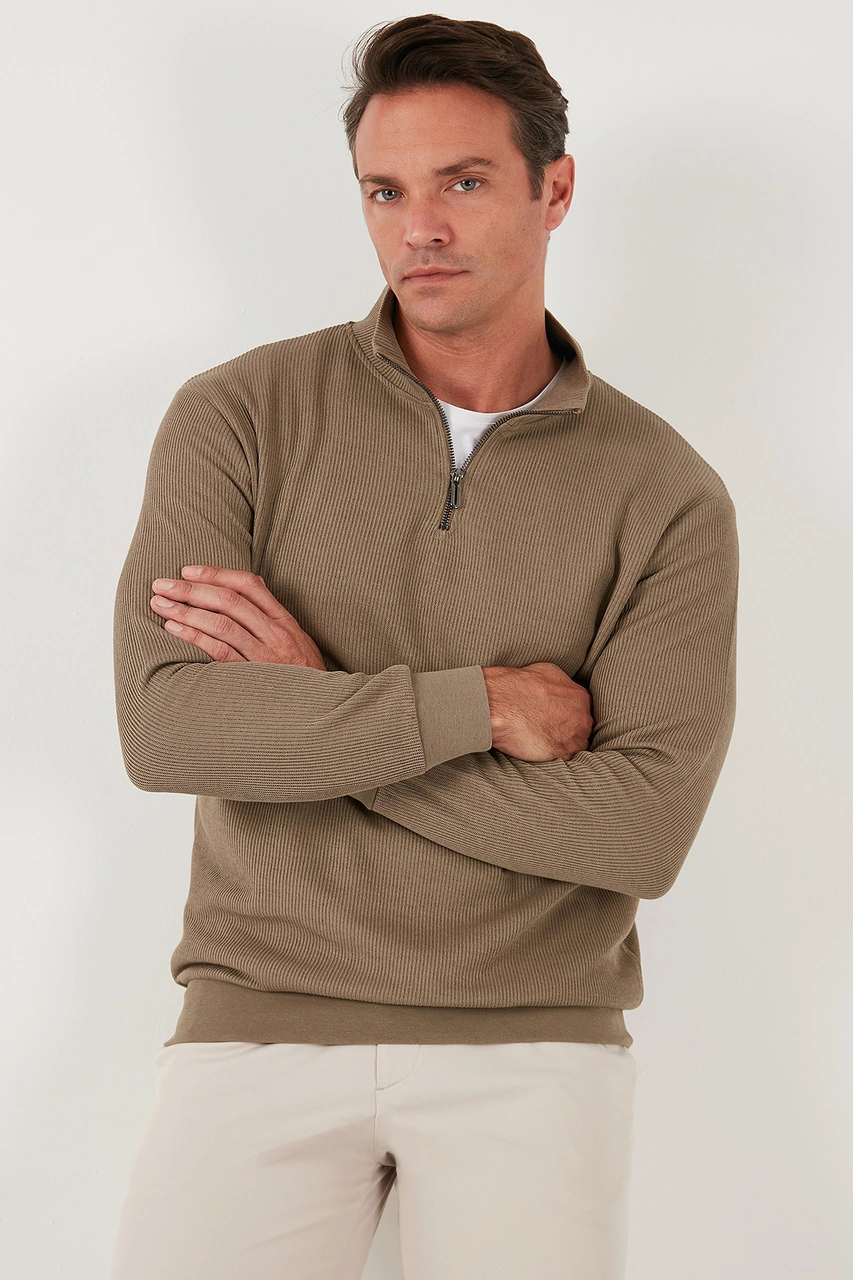 Buratti Pamuklu Regular Fit Yarım Fermuarlı Dik Yaka 2'Li Paket Erkek Sweat 5905716S2 Koyu Vizon-Siyah