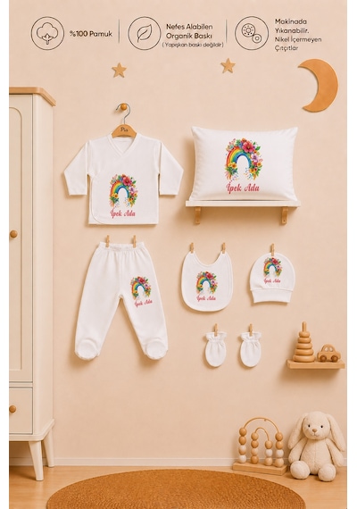 Pia Baby İsme Özel Kız Bebek %100 Pamuk Zıbın Şapka Önlük Eldiven Ve Yastık Kılıfı Hediyelik Set 1005yz0x Ekru