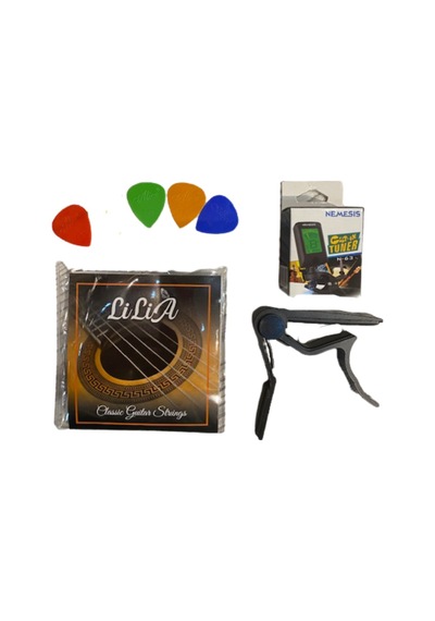Lilia Klasik Gitar Takım Tel + Metal Kapo + Akort Cihazı + 4 Pena