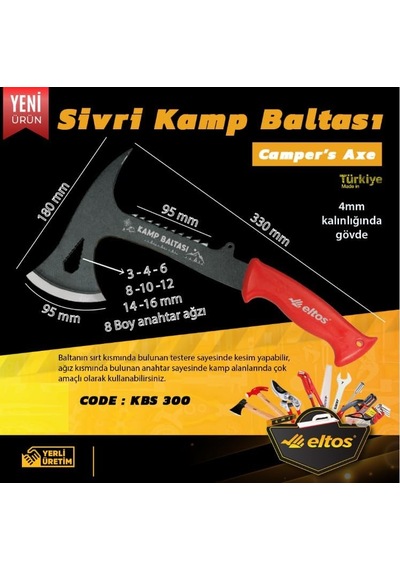 Eltos Kamp Baltası, Bilek Askılı, Çelik Keskin Ağız, Sırtı Testereli, 8 Boy Anahtar Ağızlı, Kbs300, Outdoor,