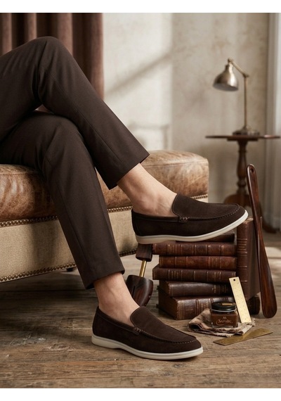 DMR Elegance Ba0252 %100 İçi Dışı Hakiki Deri Erkek Kahverengi Süet Casual Loafer Termo Taban Ayakkabı Rekli