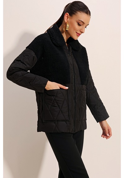 Bigdart 5182 Peluş Detaylı Oversize Şişme Mont - Siyah