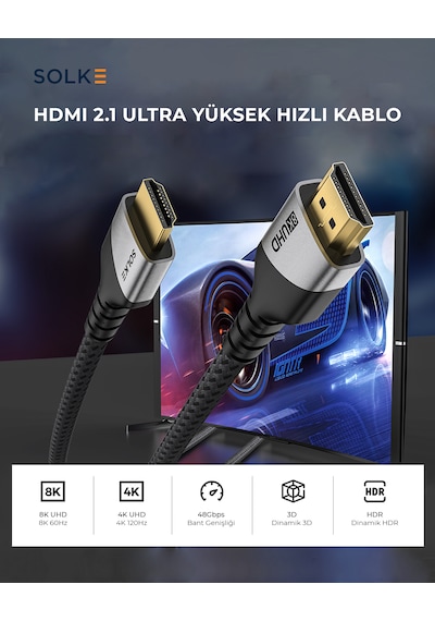 Solke Hdmı 2.1 Kablo 8k 60hz 4k 120hz 48gbps Ultra High Speed Örgülü Alüminyum 2 M