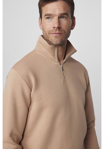 Tudors Pamuklu Dik Yaka Fermuarlı Taş Unisex Sweatshirt-29415-taş Taş