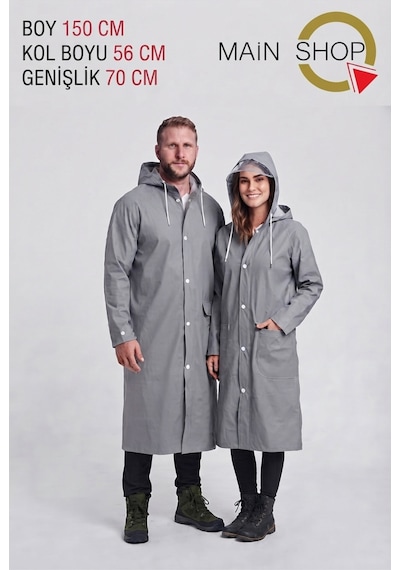 Mainshop Unısex Gri Su Ve Rüzgar Geçirmez Siperlikli Kapüşonlu Çıtçıtlı Cepli Yağmurluk