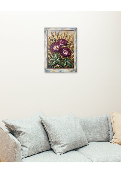 Ahşap Eskitme Çerçeve Desenli Başak Ve Bordo Çiçek Detaylı Dekoratif Ahşap Tablo 52x72 Cm