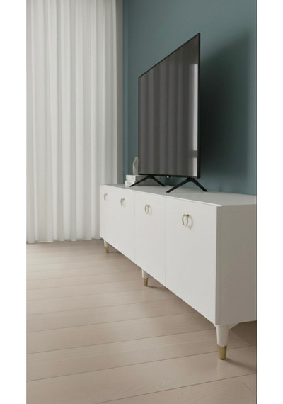 Modern Mobilya Belçika Tv Ünitesi Tv Sehpası Ayaklı 4 Kapaklı Beyaz 240 Cm Beyaz