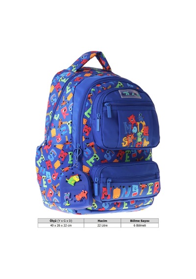 Kaukko Kids Erkek Çocuk Moster Baskılı Monster Altı Bölmeli İlkokul Sırt Çantası - L5404 Mavi
