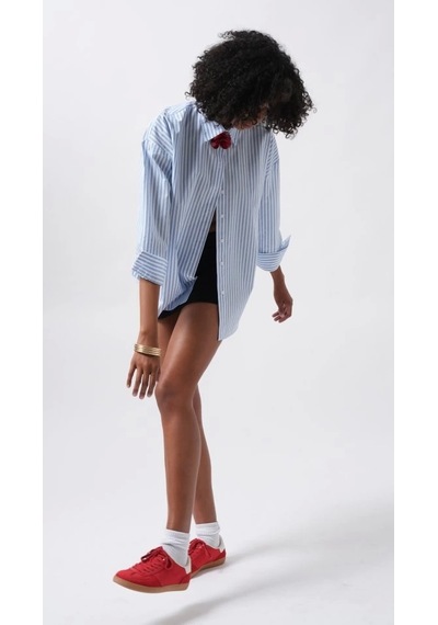Defymoda Çizgili Detay Oversize Gömlek Mavi