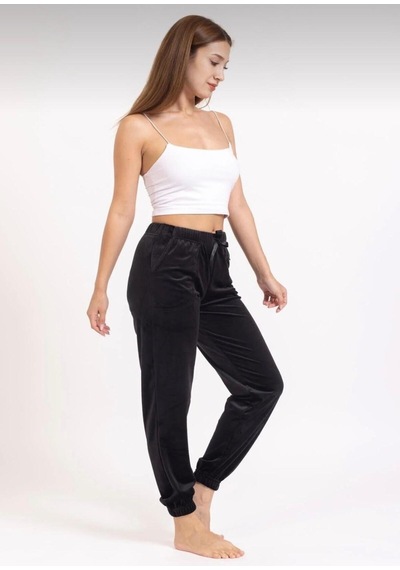 Kadın Soft Cepli Fransız Kadife Tek Alt Pijama SiYAH