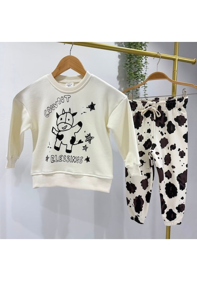 Magu Çocuk İnek Baskılı Ekru Sweatshirt Ve Desenli Eşofman Altı Takımı Çok Renkli