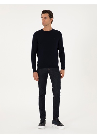 Cacharel Lacivert Slim Fit Yün Karışımlı Bisiklet Yaka Basic Triko Kazak