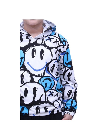 Fyk Kids Gülen Yüz Desenli Kapşonlu Unisex Sweatshirt Mavi