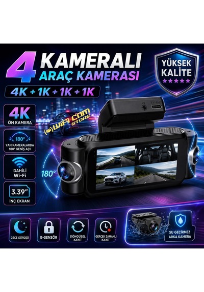 4 Kameralı 4k Yüksek Kalite Ekranlı Wifi Araç Kamerası