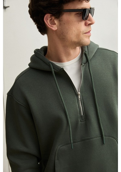 Grimelange Justus Erkek Kapüşonlu Kanguru Cepli Fermuar Yakalı Haki Sweatshirt Haki