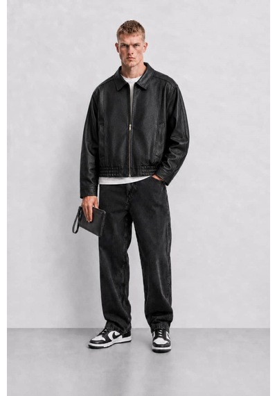 Ohepmoda Oversize Rahat Kalıp Lastikli Erkek Deri Ceket Siyah
