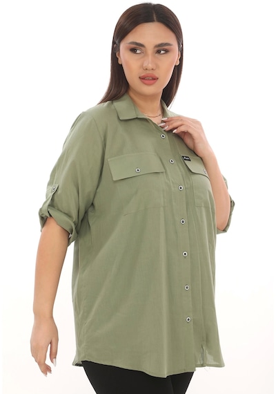 Lady Majestic %100 Cotton Büyük Beden Natural Gömlek - Haki