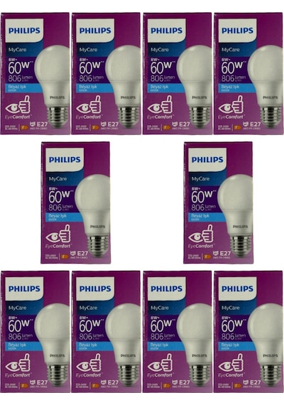 Philips 8w 60w 6500k Beyaz Işık E27 Duylu Klasik Led Ampul 10 Adet
