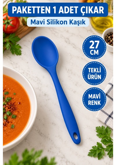 Tekli Mavi Büyük Boy Silikon Kaşık 27 Cm Mutfak Yemek Pişirme Ve Servis Kaşığı Sunum Ve Pişirme İçin