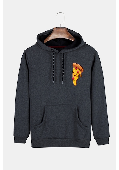 Unisex Füme Kapüşonlu Pizza Dilimi Baskılı Slim Fit Kanguru Cepli Sweatshirt Füme