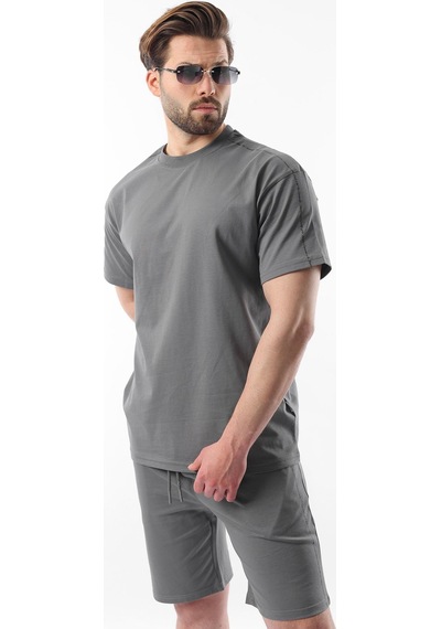 Madmext Füme Overfit Baskılı Erkek Şort T-shirt Takım E7302 Füme