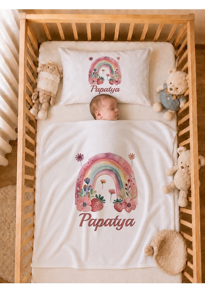 İsme Özel Kız Bebek Battaniye 80x80 Cm Ve Yastık Kılıfı 35x45 Cm %100 Pamuk Organik Baskılı Bebek Seti Bebek Hediyesi 1097yb Krem
