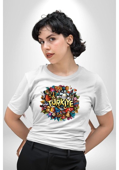 Turkiye Özel Karakterleri Unisex Unisex Beyaz Organik Baskılı T-shirt Penye Yüksek Kalite Beyaz