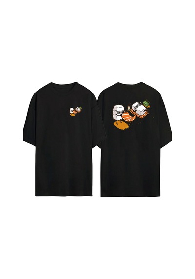 Thewert Unisex Güneşlenen Sushi Ön Arka Baskılı Sıyah Oversize T-shirt Siyah