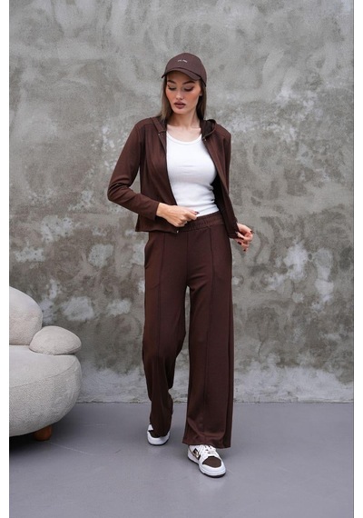 Elaxi Modal Kumaş Slim Fit Kapüşonlu İkili Takım Kahverengi