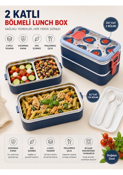 Vagonlife Vgn-6748 Mavi 700 Ml 2 Katlı Paslanmaz Çelik Lunch Box Beslenme Kabı Çok Renkli