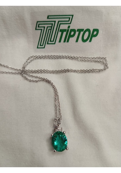Tiptop/yeşil Taşlı Ve Gümüş Renk Yuvarlak Dorikalı Üç İncili Çelik Kolye Set Gümüş