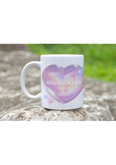 Güzellikler Ocakta Doğar Yazılı Doğum Günü Kupa Bardak Mor Kalpli Balon Tasarım Hediye Beyaz