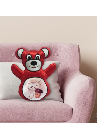 Bk Gift Sevimli Kedi Tasarımlı Kırmızı Ayıcık Yastık-3