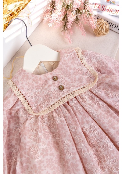 Babymod Kabartma Çiçekli Dantelli 100% Pamuk Özel Gün Kız Bebek Elbise Pembe