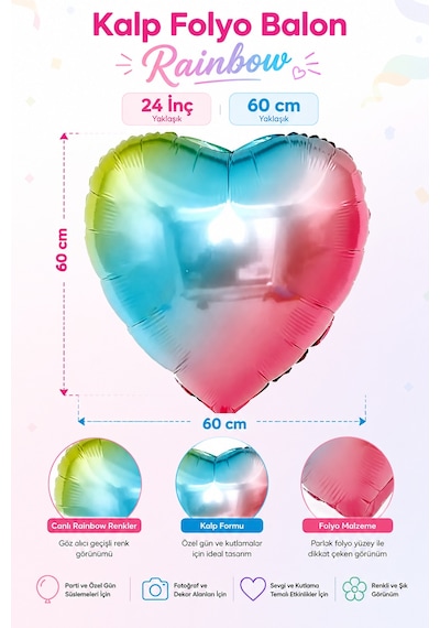 Folyo Balon Kalp Rainbow 24 İnç 60 Cm Renkli Doğum Günü Nişan Söz Düğün Parti Süsleme Balonu Çok Renkli