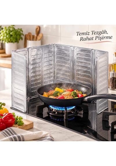5 Panelli Katlanabilir Ocak Yağ Sıçrama Koruyucu 84 X 32,5 Cm, Mutfak Tezgah Koruyucu, Ocak Çevresi Koruma Paneli, Yağ Sıçrama Siperi, Ocak Sıçrama Koruyucu Altın - Siyah