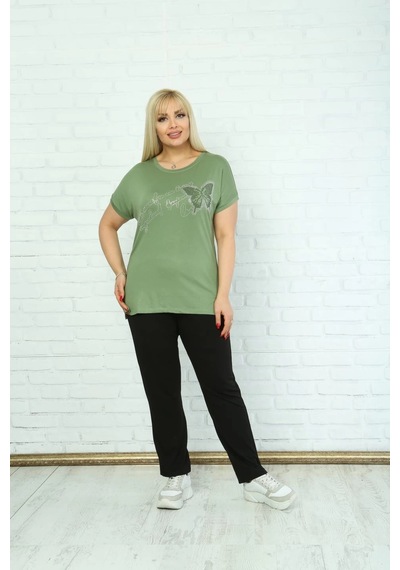 Modasehle Kadın Büyük Beden Yeşil Taşlı T-shirt Yeşil
