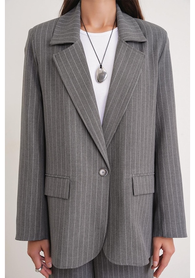 Mixray 4753 Kadın Çizgili Oversize Blazer Ceket Gri