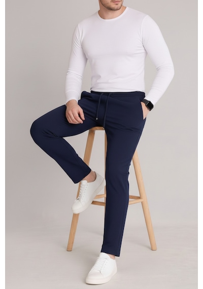 Bürke Erkek Lacivert Beli Lastikli Bağcıklı Duble Paça Jogger Pantolon Bürke Erkek Lacivert Beli Lastikli Bağcıklı Duble Paça Jogger Pantolon